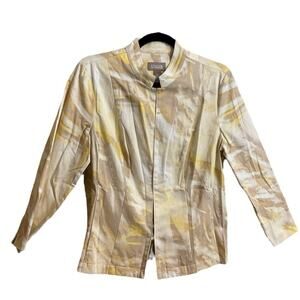Chico's Open Front Jacket Sz 1 (8) Abstract Watercolor Print Yellow Tan Career